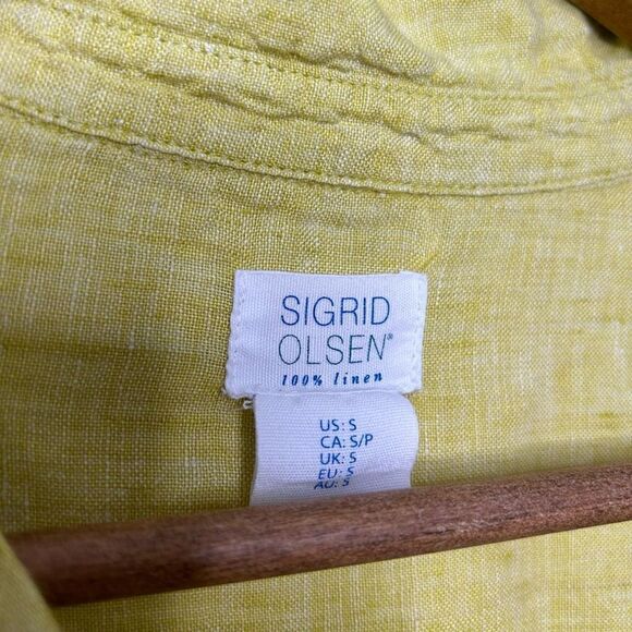 Sigrid Olsen Women’s Yellow Linen Roll Tab Long Sleeve V Neck Top Size S - Picture 8 of 9